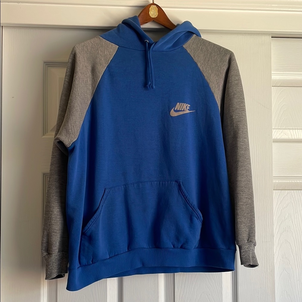 Vintage 80s Nike Men's Blue and Gray Pullover Hoodie